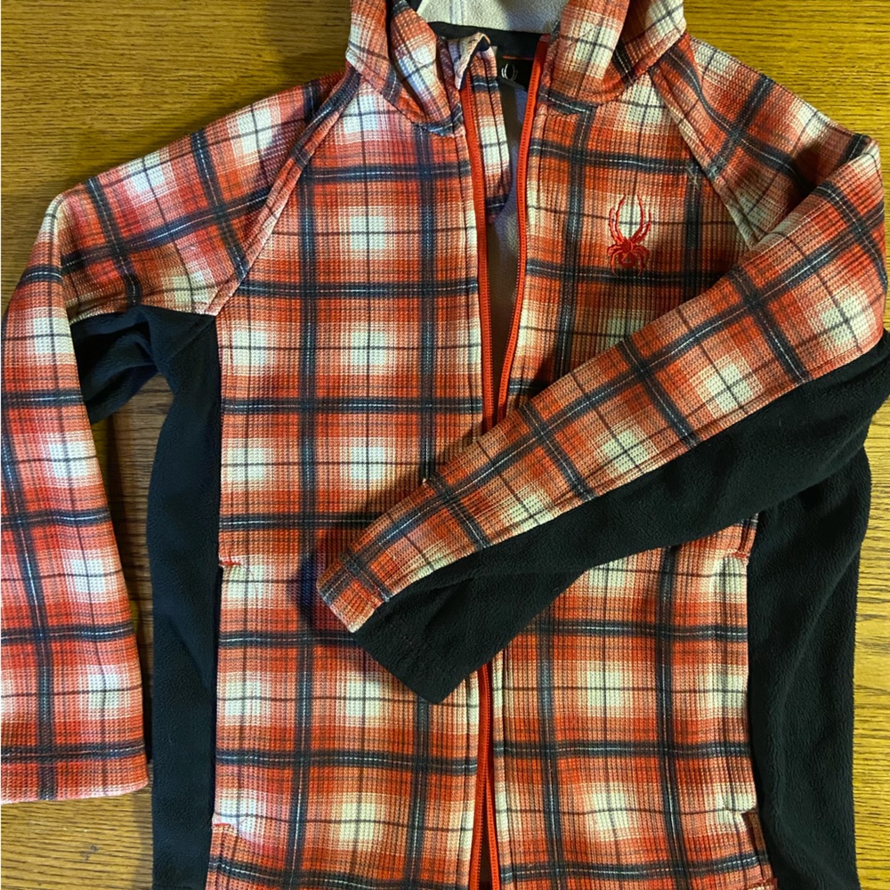 Spyder Jacket with Hood, Kids Size Small, red, White and Black Plaid